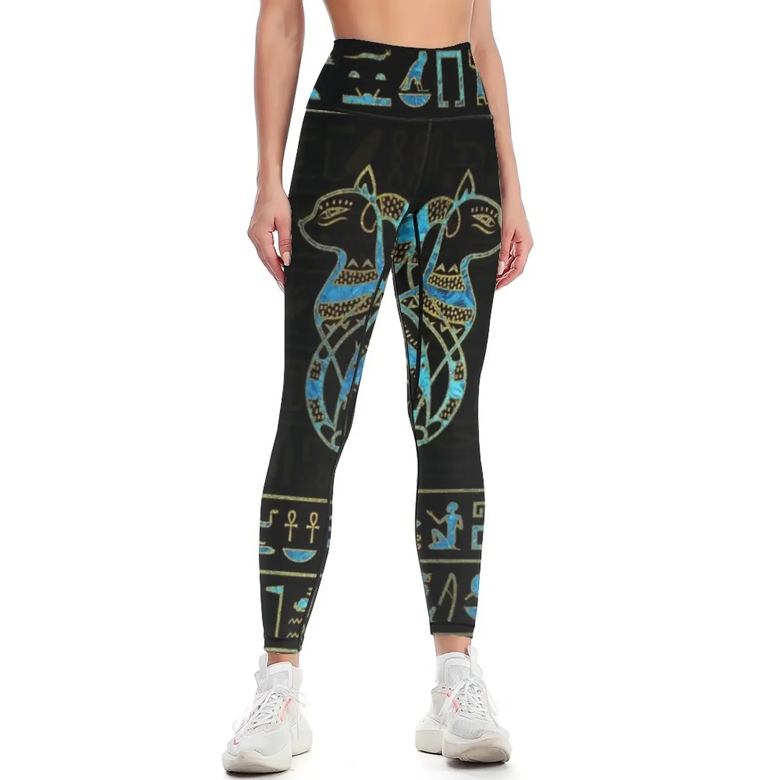 

Egyptian Cats Gold and blue stained glass Leggings gym top Women's gym sport legging legings for fitness Womens Leggings