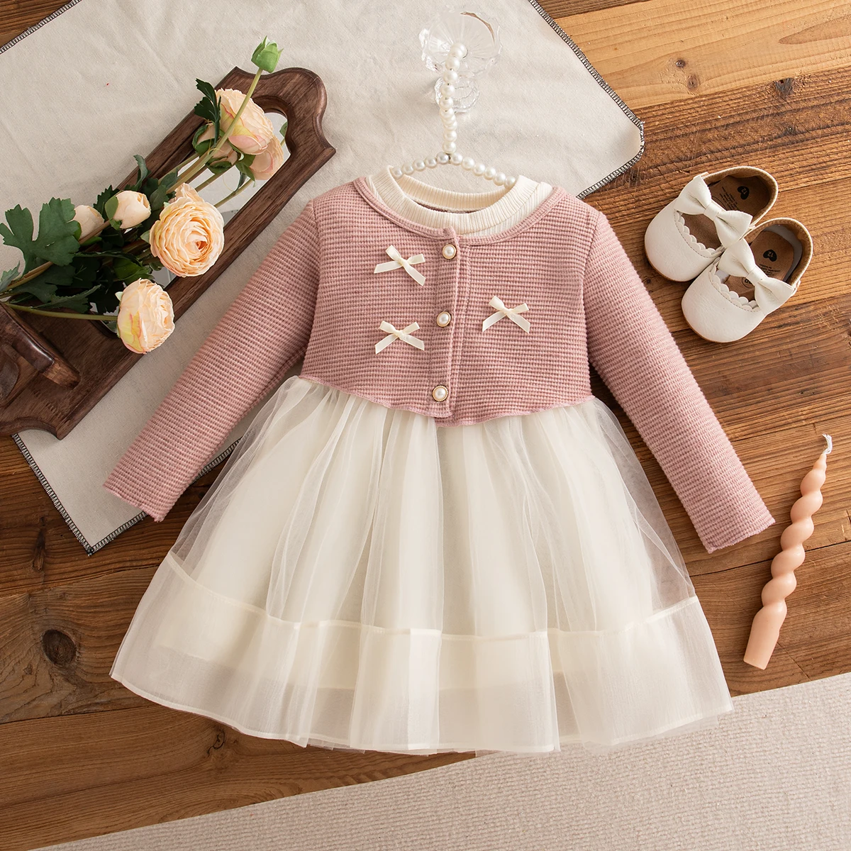 Korean Style Baby Girl Dress, Spring And Autumn New Sweet Bow Children'S Long Sleeved Clothes For Babies Aged 9 Months - 3 Years
