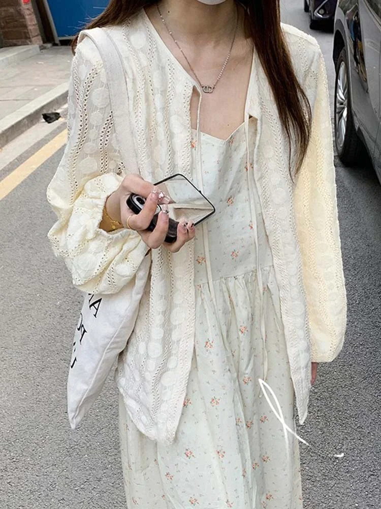 Ice Silk Sun Protection Light Weight Lace Trim Cardigan Women's Summer Outerwear with Strap Vest Top Lantern Sleeve Air Condi...