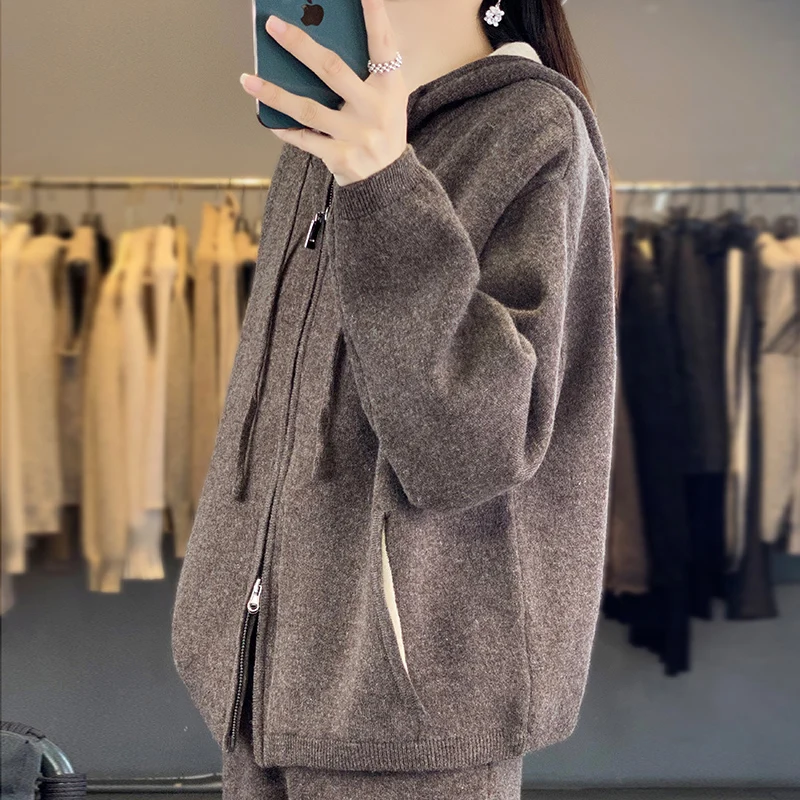 Winter Wool Sweater Cardigan Women Hooded Long Sleeve Tops Zipper Korean Oversized New Knitted Thick Warm Outerwear Coat Pockets