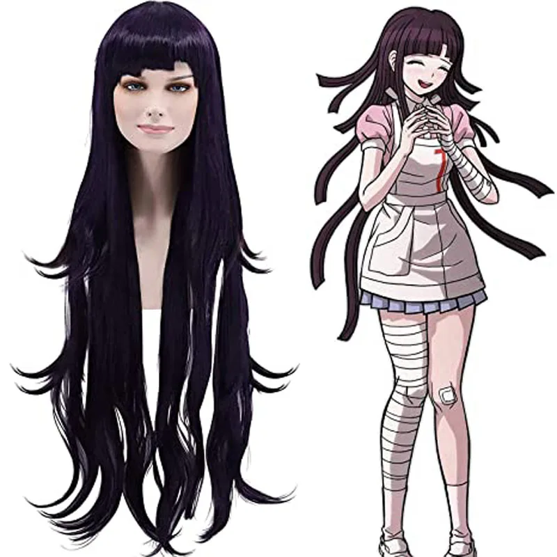 Mikan Tsumiki Wig Danganronpa Cosplay Dark Purple Wig with Bangs Heat Resistant Hair Costume Wigs + Wig Cap