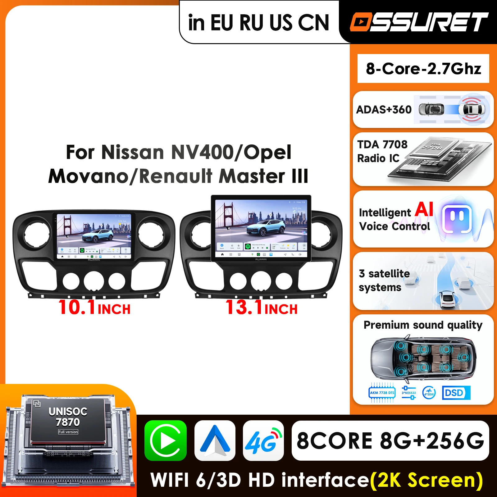 10.1'' Car Radio For Nissan NV400 2010 - 2019 For Opel Movano For Renault Master III 3 2011 - 2021 Autoradio Stereo 2K Screen BT