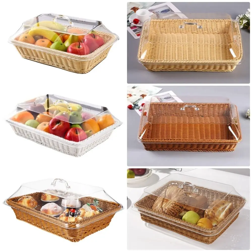 

1Pcs Imitation Rattan Woven Basket Lid Vegetable Bread Serving Transparent Food Serving Basket Tabletop with Acrylic Lid