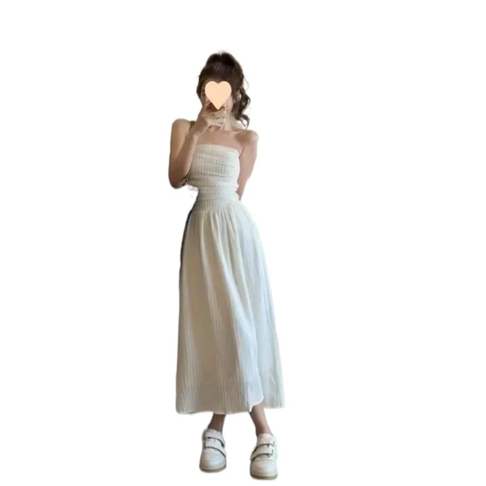 Elegante Maxi abito senza maniche a vita alta senza spalline abito donna stile francese nero bianco abito lungo