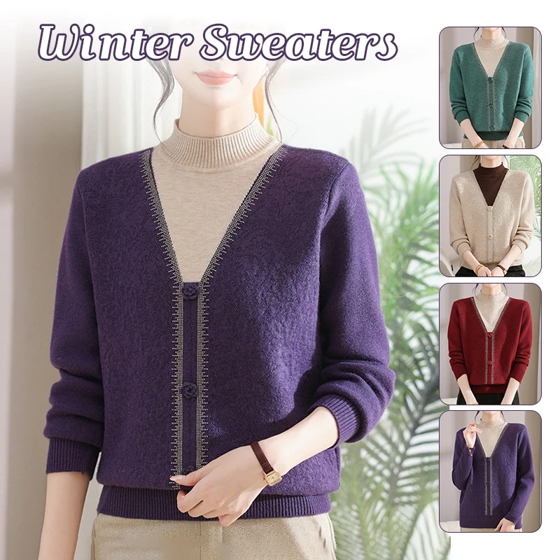

Thickened Faux Two-Piece Knitted Sweater Fleece Lined Half High Collar Versatile Autumn Winter Women's Base Layer Shirt