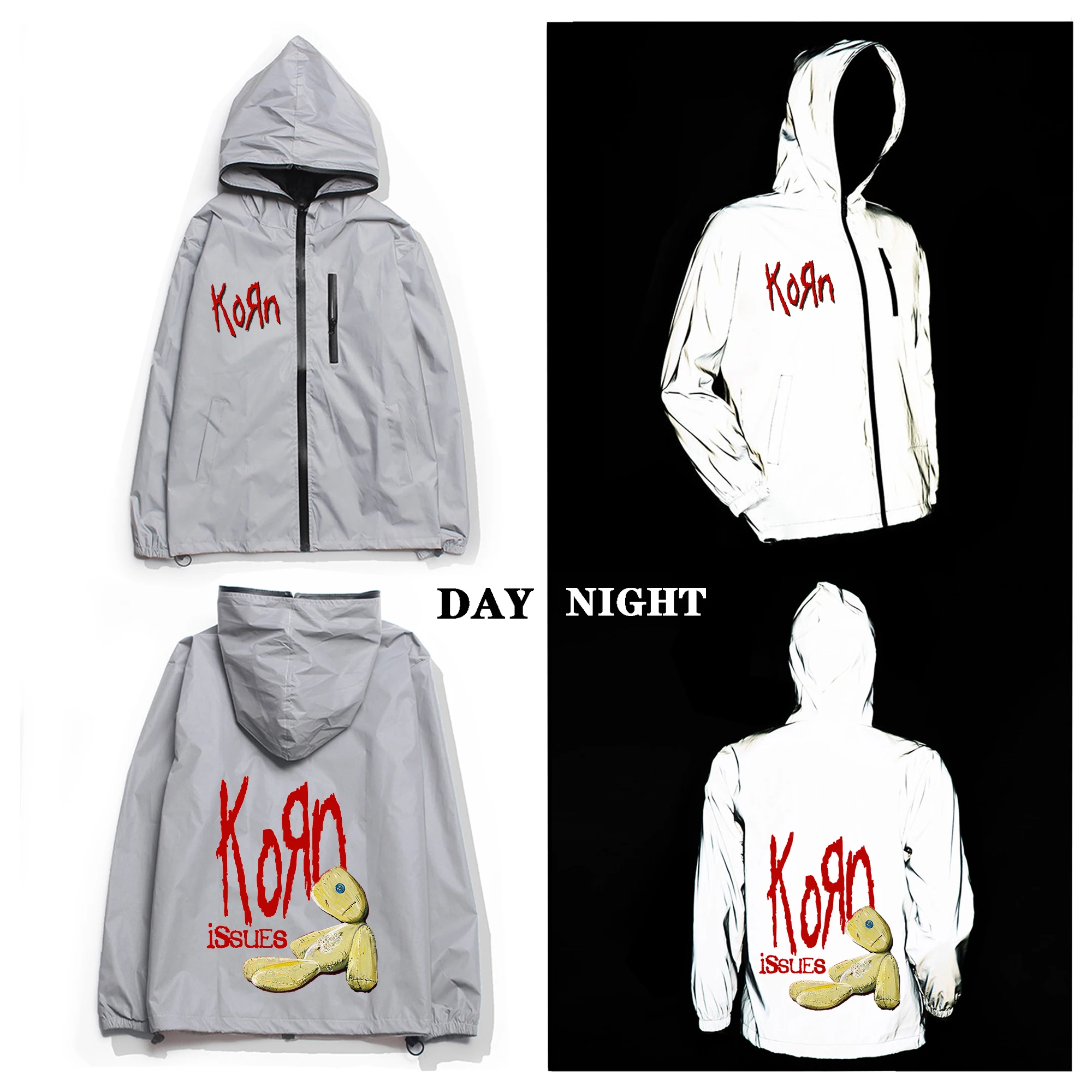 

Korn Rock Band Reflective Jacket Mens Womens Coat Hooded Windbreaker Run Pocket Jackets Cycling Hiking Zipper Custom Hoodie