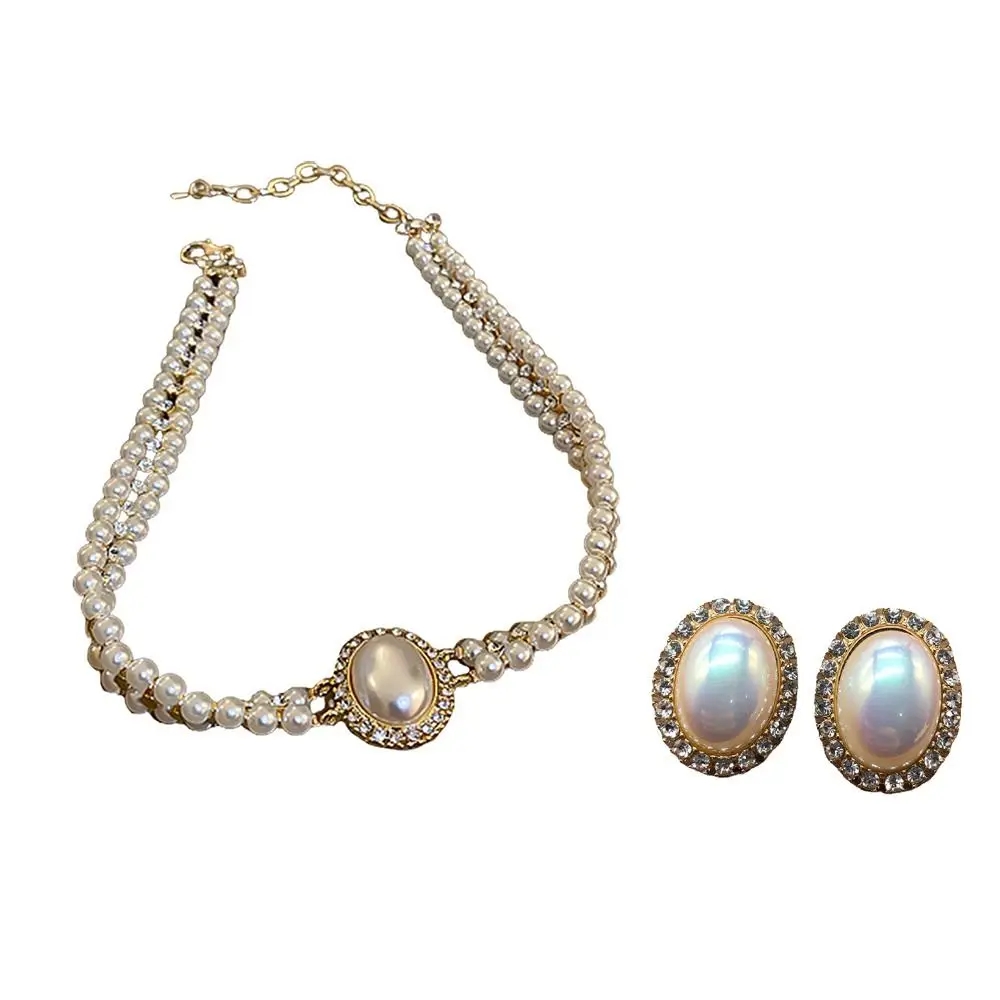 Style Choker Temperament Cheongsam Personality Pearl Jewelry Set Necklace Ear Studs Set Macbeth Pearl Earring Women Necklace