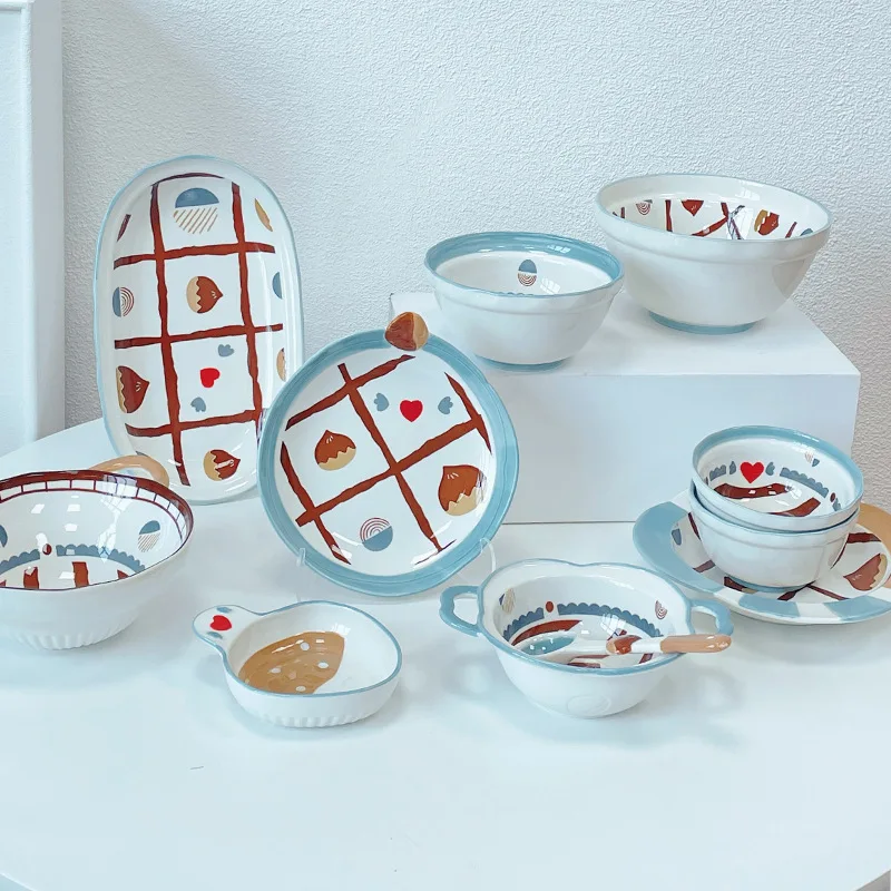 Hand-Paintd Ceramic Bowl, Chestnut Pattern Pot, Fish Plate, Blue Flower Shaped Tray, Snack Container, Spoon , Tableware