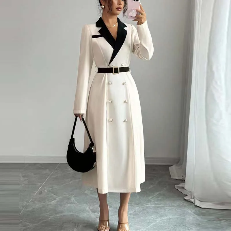 가을 겨울 허리 위 정장 파티 드레스 롱 드레스 우아하고 섹시한 딥 V 롱 드레스 버튼 스타일 오피스 여성 드레스 신상품