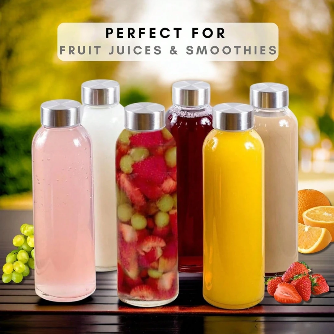

6 thick 16 ounce glass leak proof sealed bottles - portable, suitable for camping, picnicking, parties, coffee, milkshakes, ging