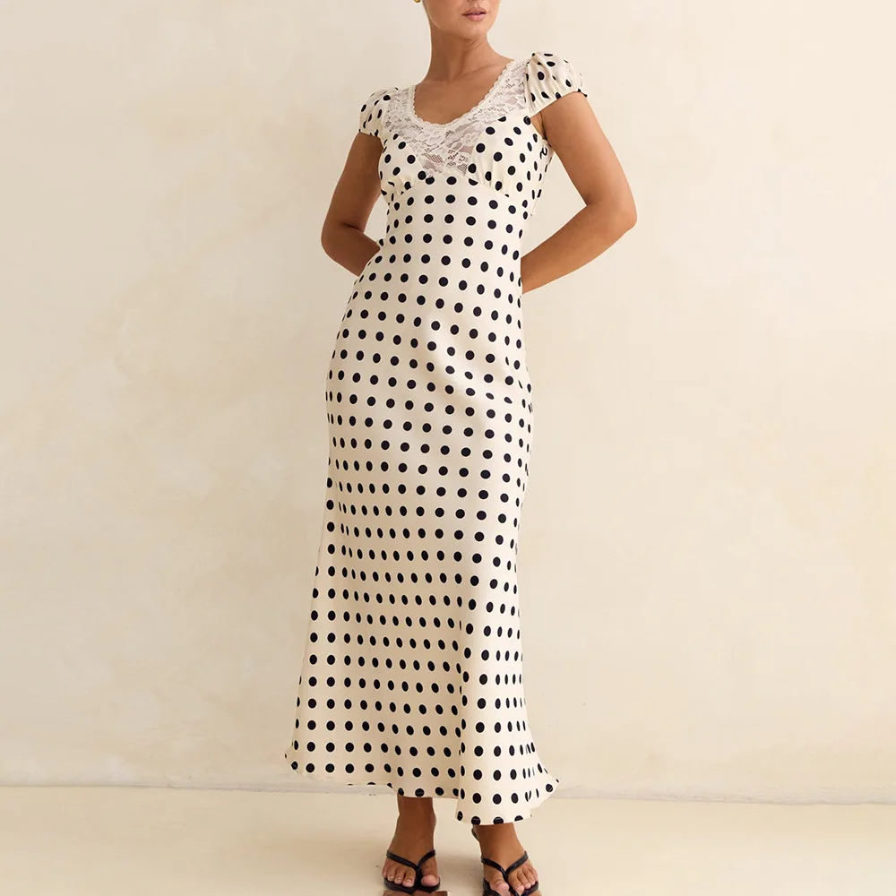 Apprabant French Lace Patchwork Satin Polka Dot A-Line Maxi Dress Women Elegant Backless Cut Out Long Gown Birthday Partywear