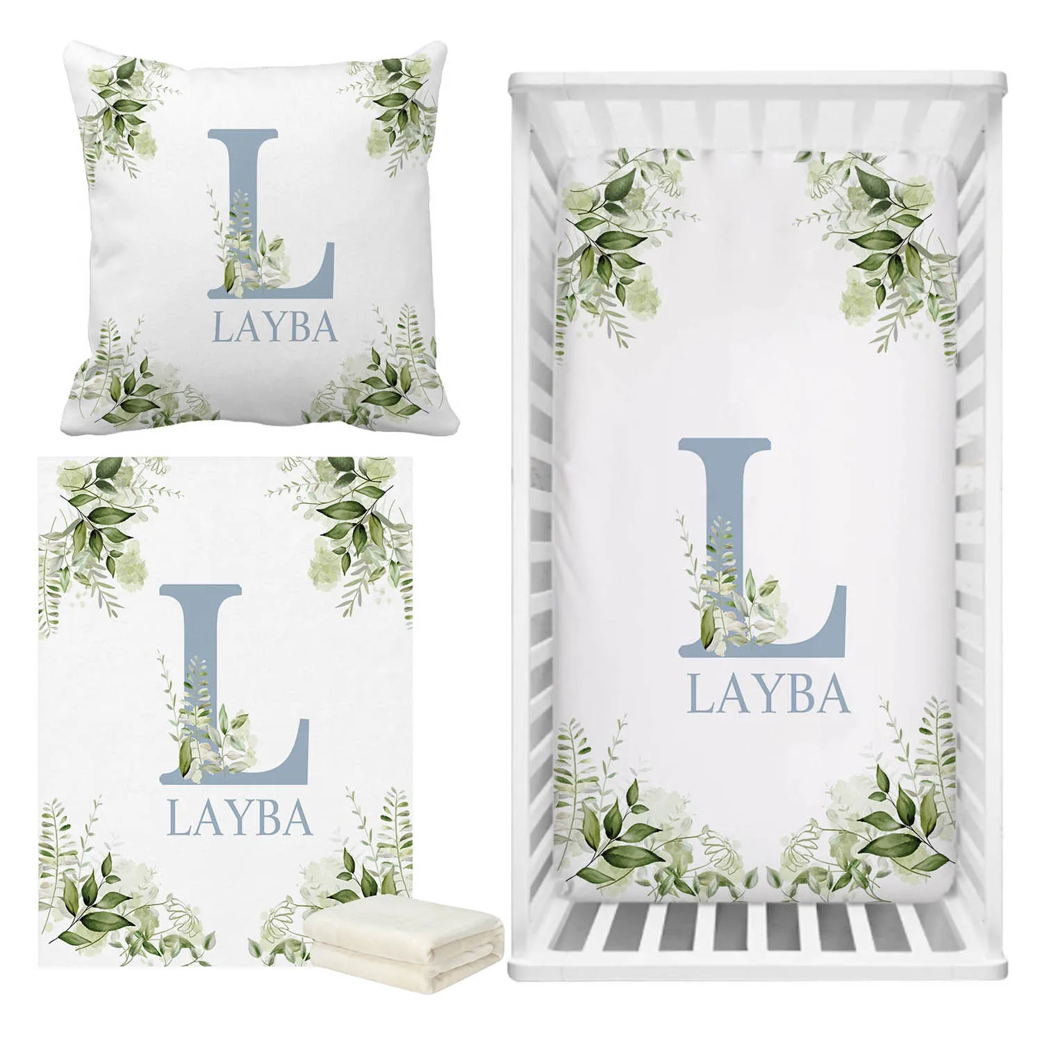 LVYZIHO Personalized Name Greenery Dusty Blue Letter Bedding Set, Baby Boy Bedding Set, Baby Shower Gift  Bedding Set