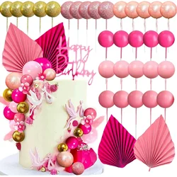 32 PCS Pink Balls Cake Decoration Pink Leaves Palm Leaves Cake Decoration Boho Cake Decoration for Wedding Birthday Party