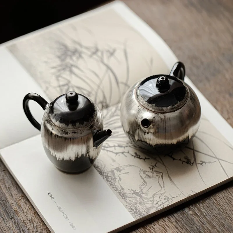 Black Gold Glazed Silver High-grade Teapot Handmade with Filter Brewing Teapot Silent Wind Retro Teapot KungFu TeaSet Collection