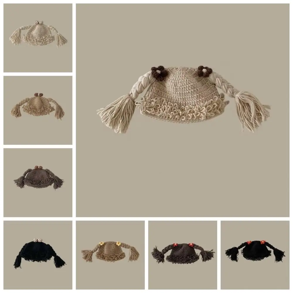 All-match Breathable Baby Braid Wig Hat Windproof Flower Baby Woolen Cap Elastic Brimless Kids Knitted Hat Winter