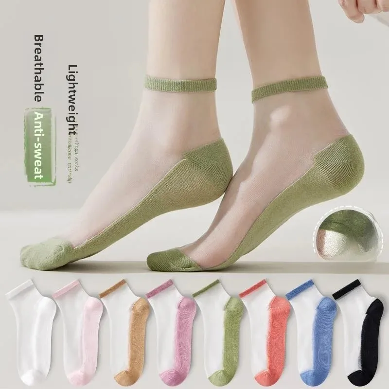 Jiuzhi Women's Short Socks Breathable Thin Glass Silk Summer Crystal Socks Absorb Sweat Spring Autumn Season Lightweight