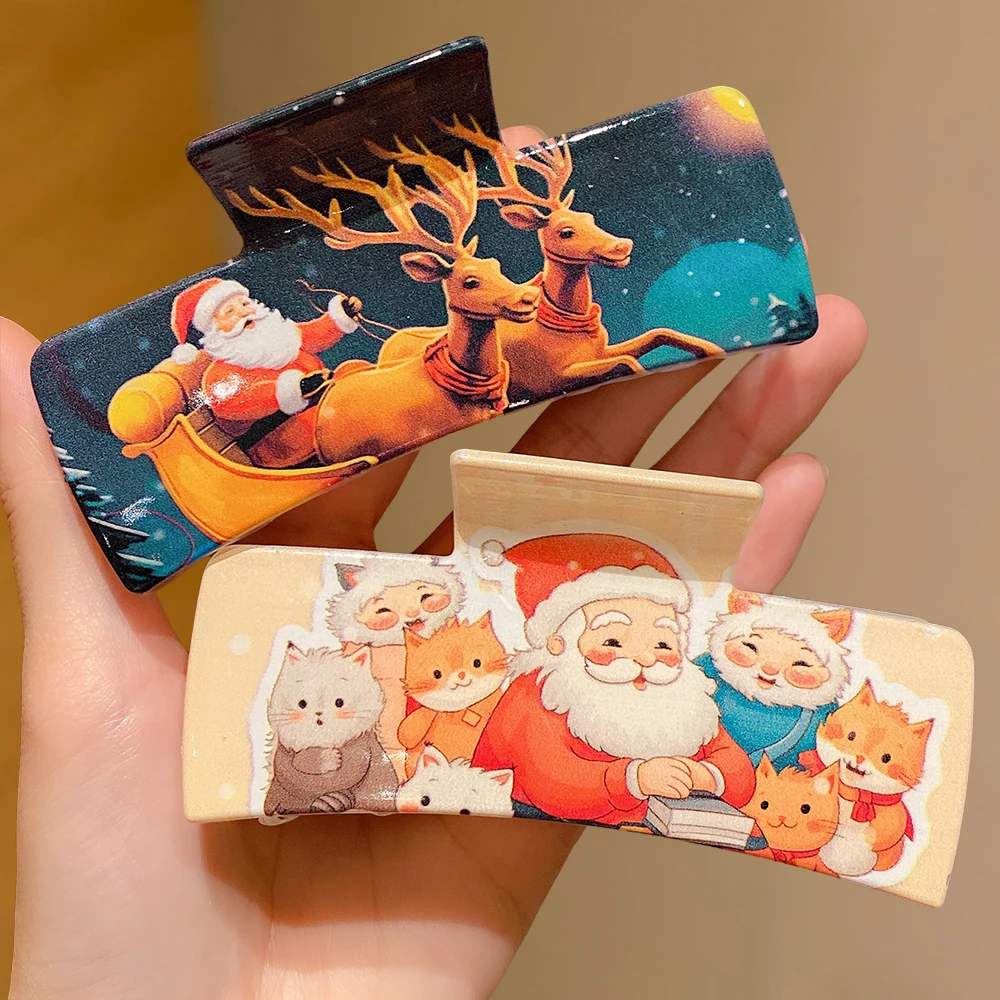 مشابك شعر عيد الميلاد مكونة من قطعتين: مطبوعات سانتا/الرنة/رجل الثلج. قماش، تصفيف الشعر، احتفالي لطيف. جيد لمظهر وهدايا عيد الميلاد.