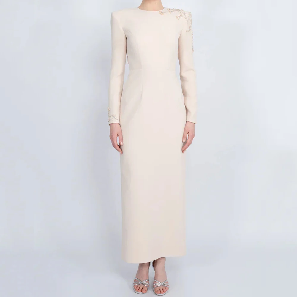 

Женские прямые вечерние платья длиной до щиколотки с круглым вырезом и длинными рукавами, платье для выпускного вечера, простые модные платья с бисером и кристаллами по индивидуальному заказу