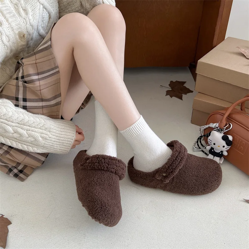 

Autumn Winter Warm Cotton Women Flats Comfort Round Toe Soft Sole Shoes Outdoor Leopard Print Short Plush Mary Jane Shoes