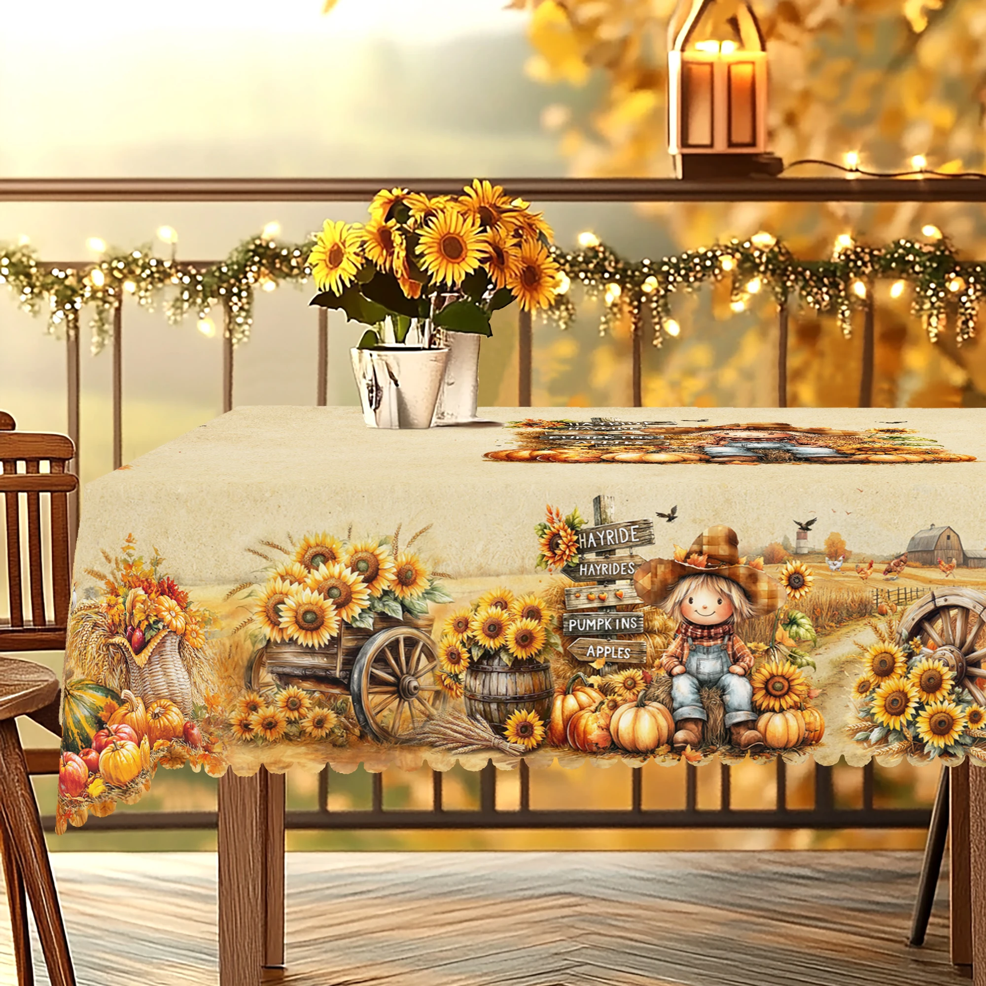 

1 Piece Thanksgiving Round and Square Tablecloth, 4 Sizes, Autum Farmhouse Scarecrow Pumpkin and Wheat Ear Tablecloth, Edge Embossing Process, Suitable for Home Kitchen, Terrace Use, Gifts
