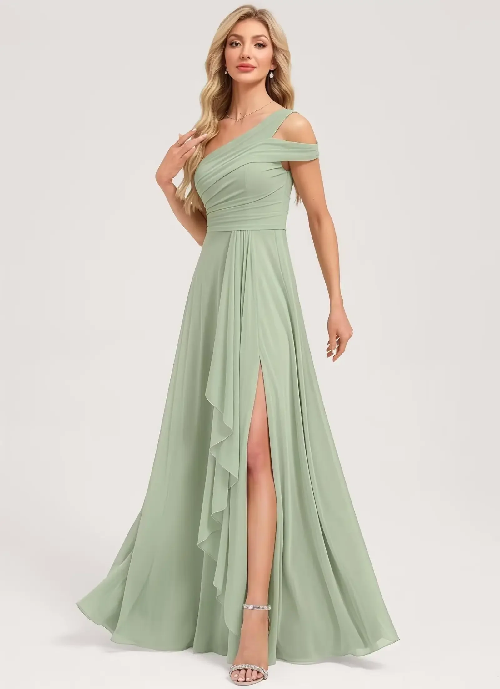 Abiti da damigella d'onore a pieghe monospalla da donna lunghi con abito formale in chiffon senza maniche con spacco a volant Abiti da damigella d'onore