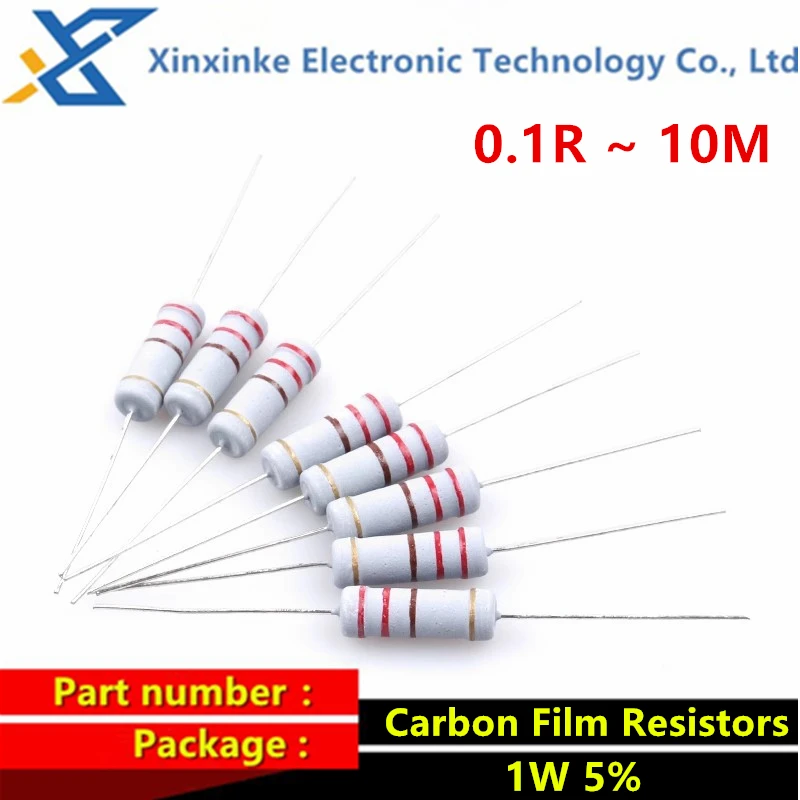 50PCS 1W Carbon Film Resistors 5% 0.1R ~ 10M 2.2R 4.7R 10R 22R 47R 100R 220R 470R 1K 10K 100K 100/160/180/220/470 ohm 1.2M 6.8M