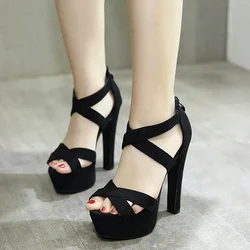 Black Suede Thick Hgh Heeled Womens Sandals Platform Elasticity Cross Band Open Toe Rear Zipper Party Shoes Zapatos De Mujer