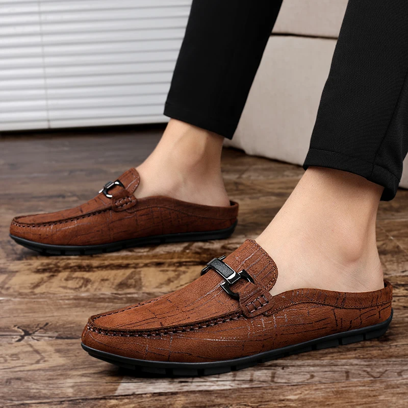 Men Summer Fashion Casual Mules Male Breathable First Layer Cowhide Loafer Slippers Open Back Flat Genuine Leather Half Sandals