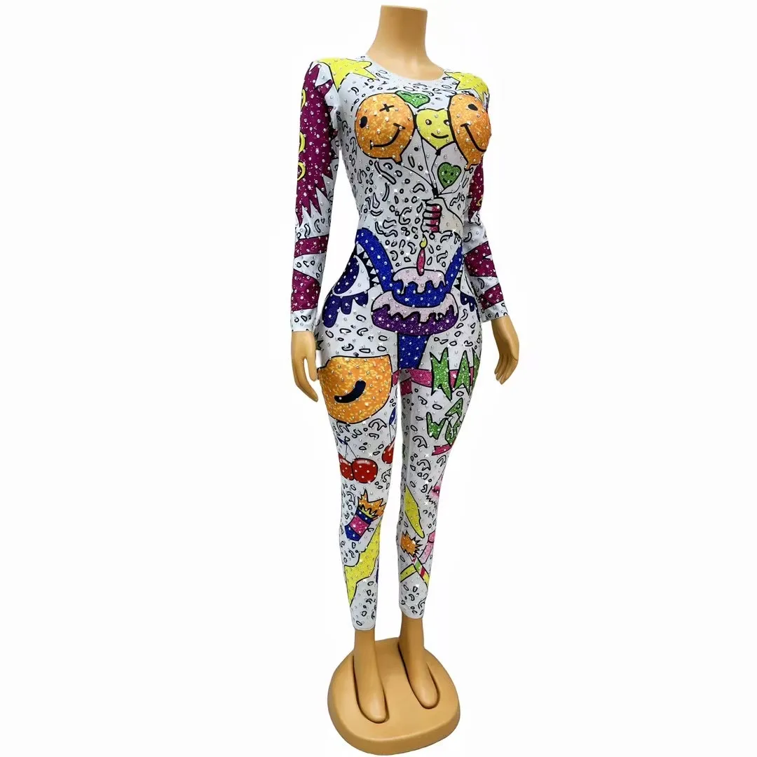 Shining Rhinestones Performance CostumesWomen'S Sexy Colorful Balloon Cartoon StretchDance Dress Jumpsuit Birthday Suit   C313