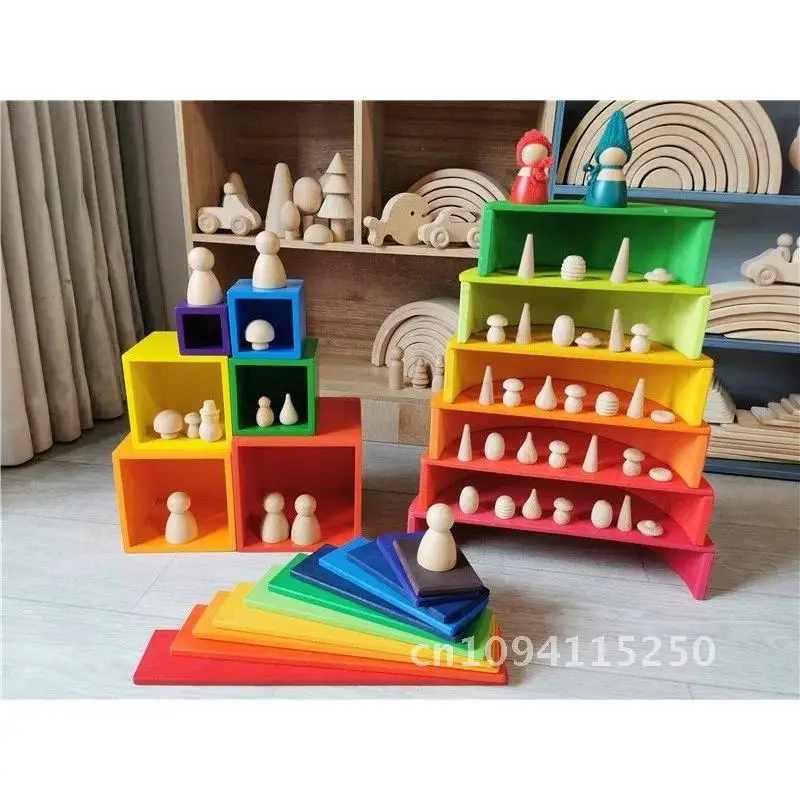 Bambini Legno Arcobaleno Arco Impilatore Pastello Blocchi di costruzione Piastra Giocattoli Palline Semi-cerchio Impilabile Non verniciato