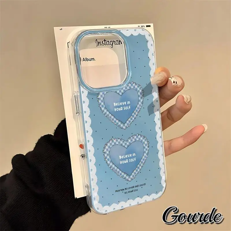 

Gourde Simple Blue Lace Heart Pattern Phone Case for Iphone 16 Pro Max 15 Pro Max 14 13 12 11 Pro Max Luxury Shockproof Casing