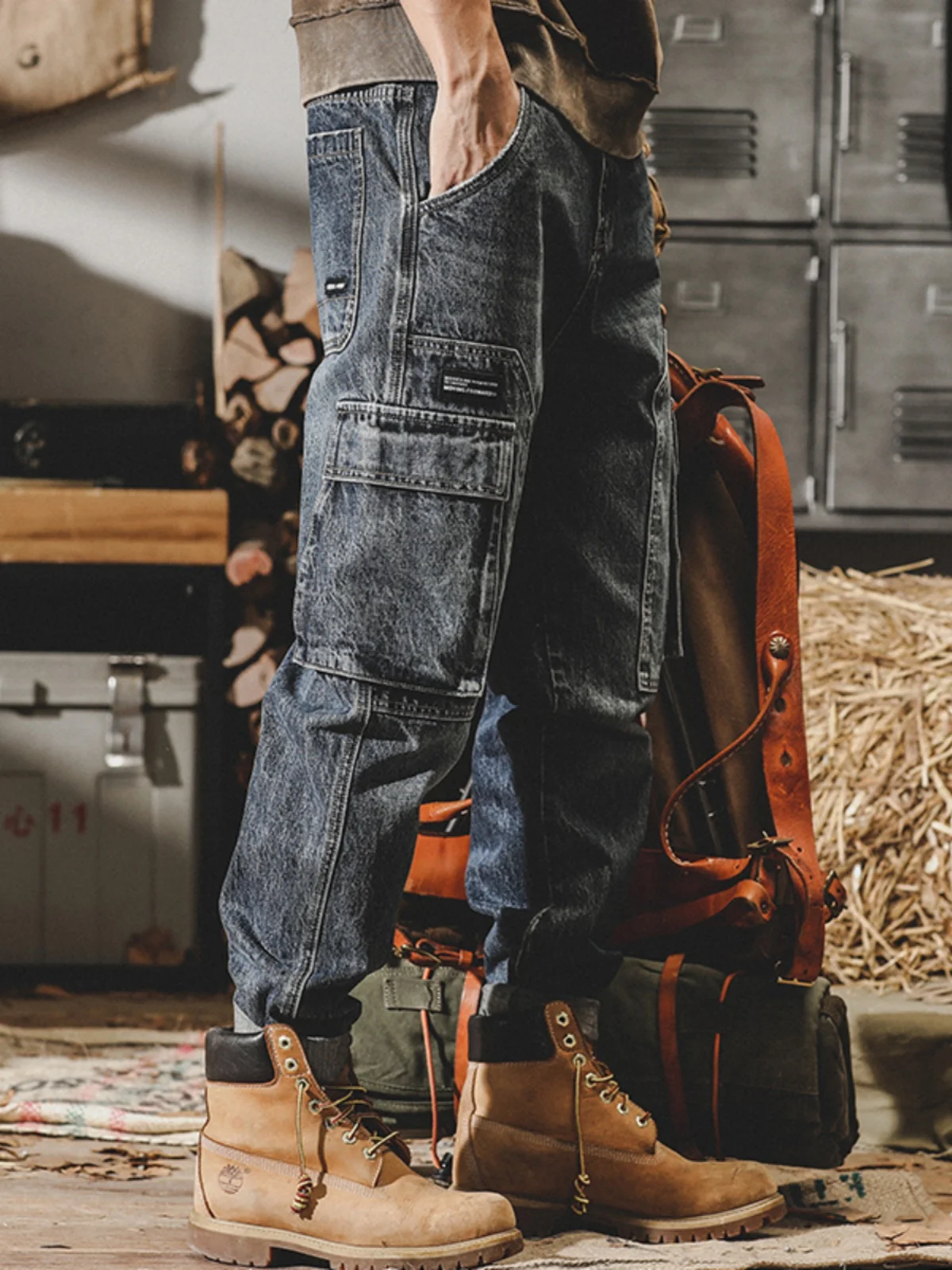 

Retro American Waed Men's Jeans Loose Straight Multi-ket Workwear Casual Pants Spring Autumn Trendy Brand Denim Jeans
