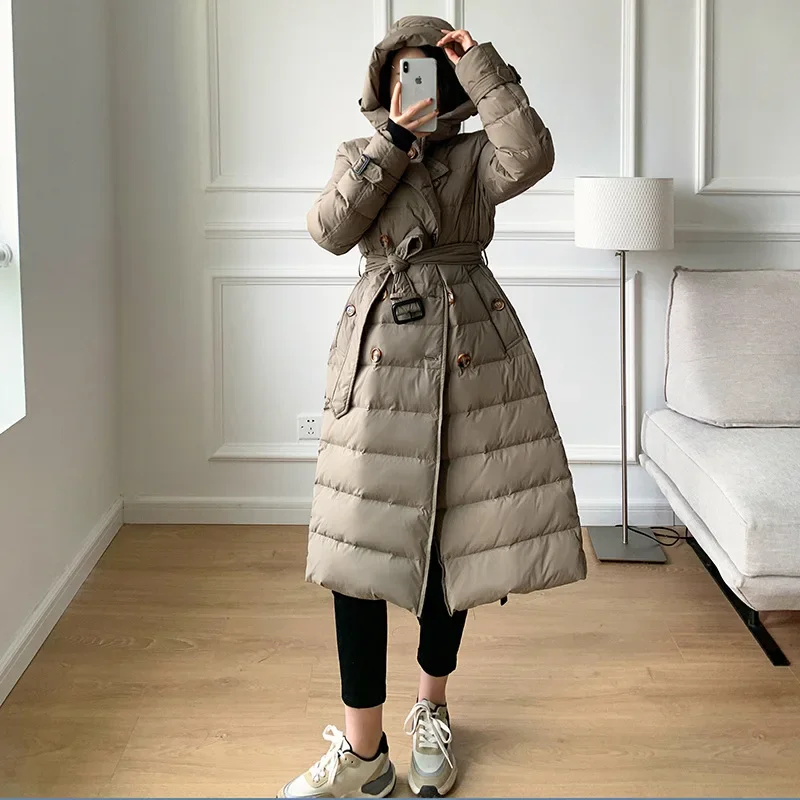 Winter New 90% White Duck Down Jacket Women 2024 Long Luxury Double Breasted Coat with Belt Thick Warm Hooded Windproof Parkas