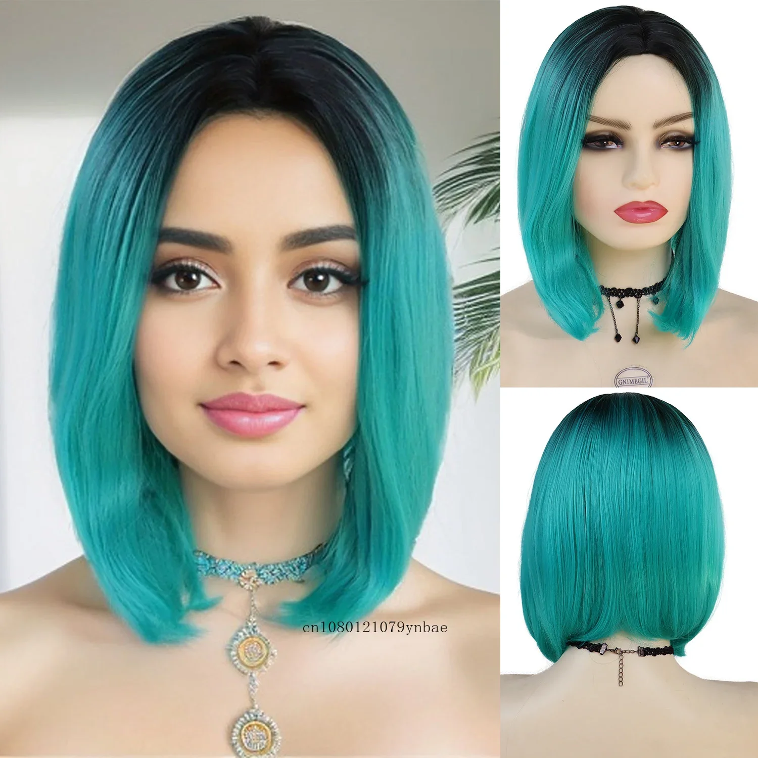 

Ombre Cyan Cosplay Lolita Wigs Synthetic Bob Dark Root Wigs for Women Lady Natural Looking Halloween Daily Party Costume Use