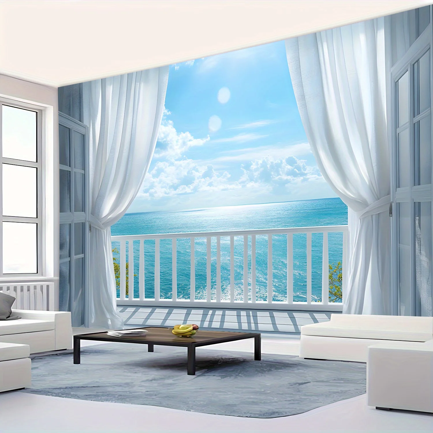 Elegant Coastal Living Room with White Curtains and a Stunning Ocean View, Featuring Comfortable Seating Arrangements