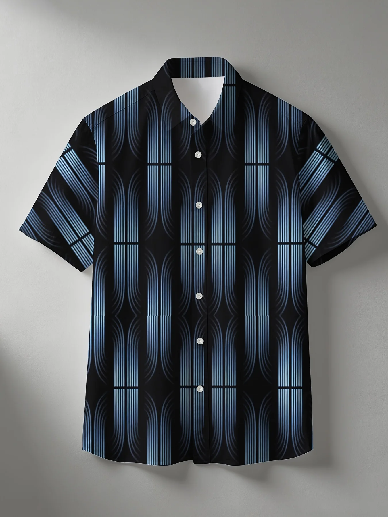 Retro Shirts Black Blue Vertical Curve Geometric Stripe Printed Loose Casual Short Sleeve Lapel Tops Men Clothes