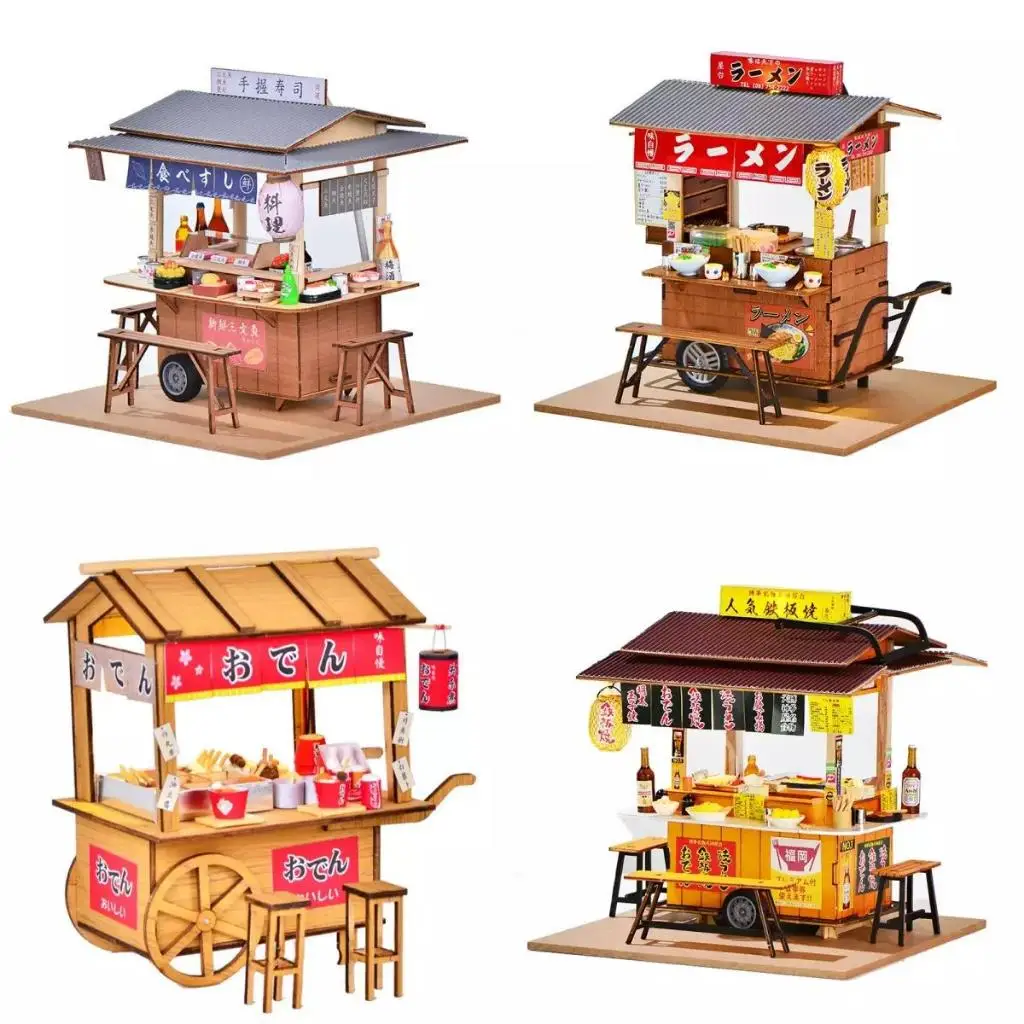 

X-T Japanese Sushi Store DIY Wooden Miniature Model Kit City Street Breakfast Snack Stall View Scene Display Model Gift