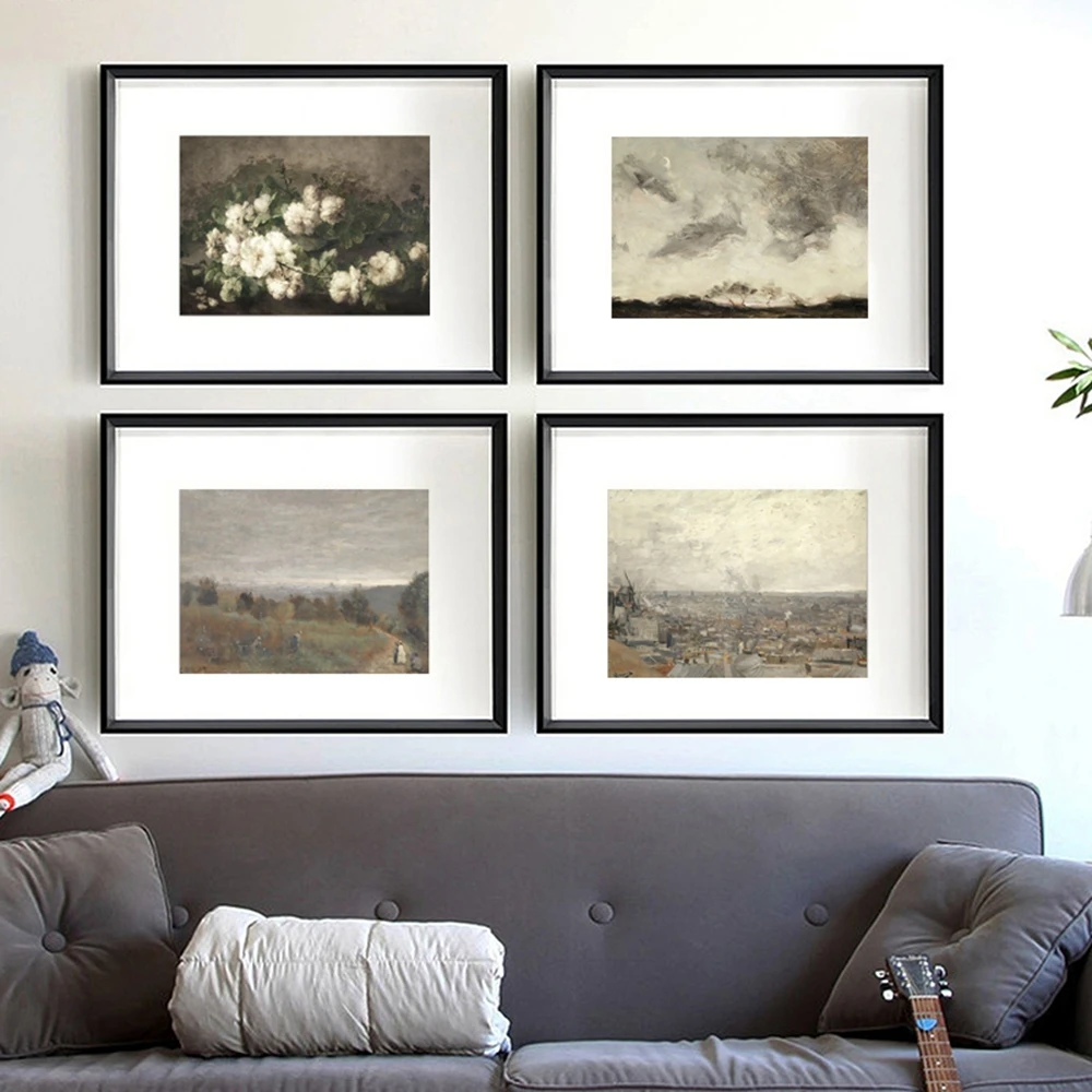 Vintage County Landscape Gallery Wall Art Prints Rustic Moody Cloud Oil Painting Canvas Prints Antique Flower Pictures Decor