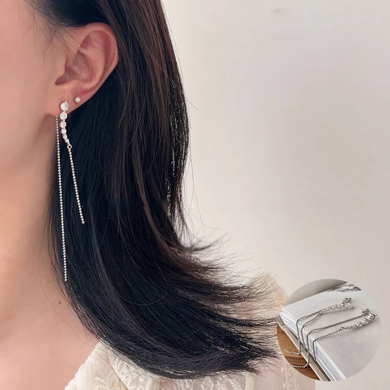 

100% 925 Sterling Silver Zircon Geometric Earrings for Women Girl Fashion Simple Tassel Design Jewelry Party Gift Dropshipping