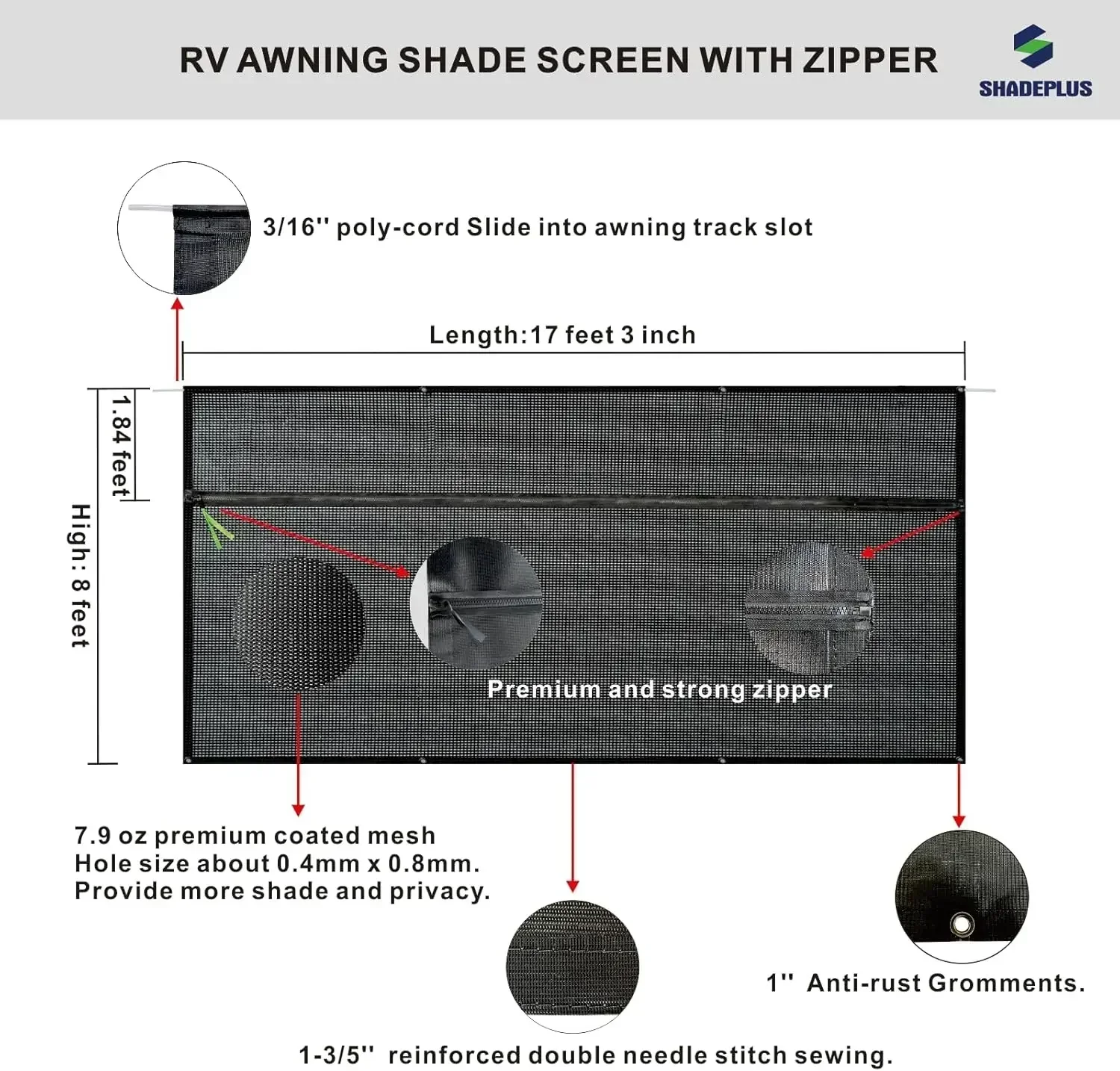 RV Awning Sun Shade Screen 8'x17'3''(Fit for 18' Awning),Black Mesh Shade Screen with Zipper,Universal Trailer Camper Awning Scr