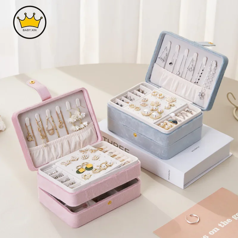 Flannelette Multi-layer Jewelry Case Earrings Stud Necklace Ring Storage Box Portable Necklace Organizer