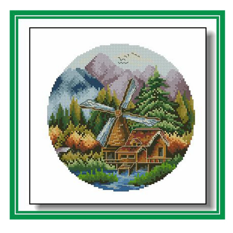 

Cross-stitch set, circular landscape windmill mill, 28ct, 18ct, 14ct, 11ct, optional printed fabric, hand embroidery material pa