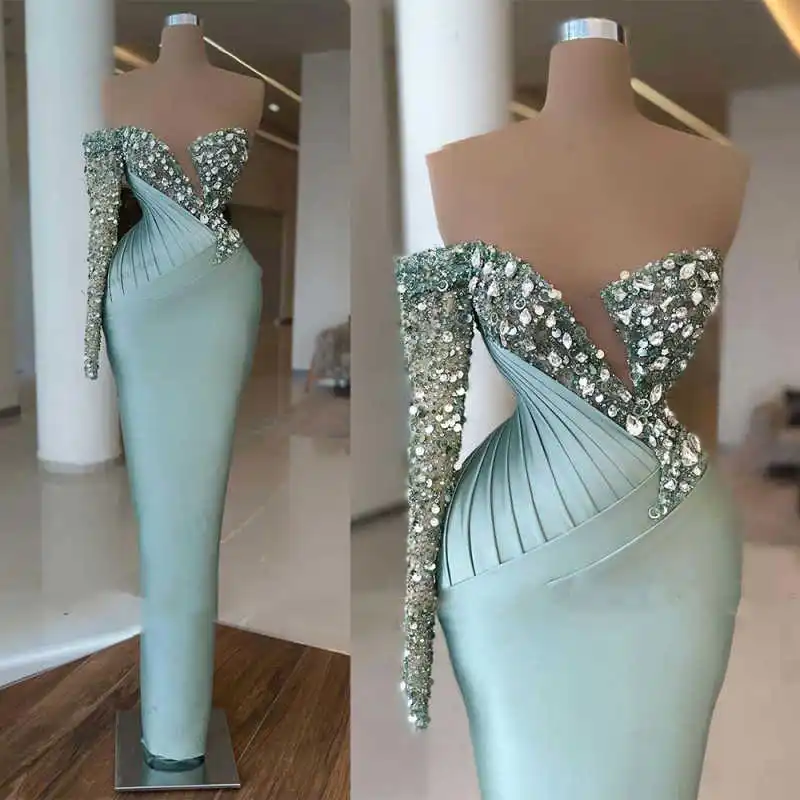 

Charming Sequins Mermaid Evening Dresses One Shoulder Floor Length Prom Gowns Crystals Formal Party Customized