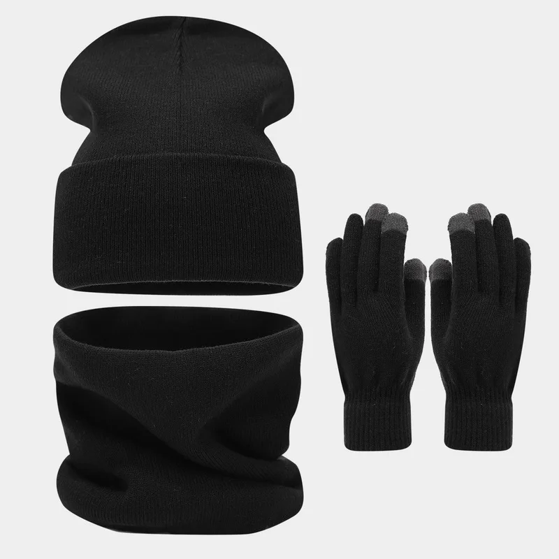 Ins Trendy Oversized Solid Color Face Slimming Hat Scarf Gloves 3Pcs Set Winter Warm Unisex Cold Weather Knitted Accessories