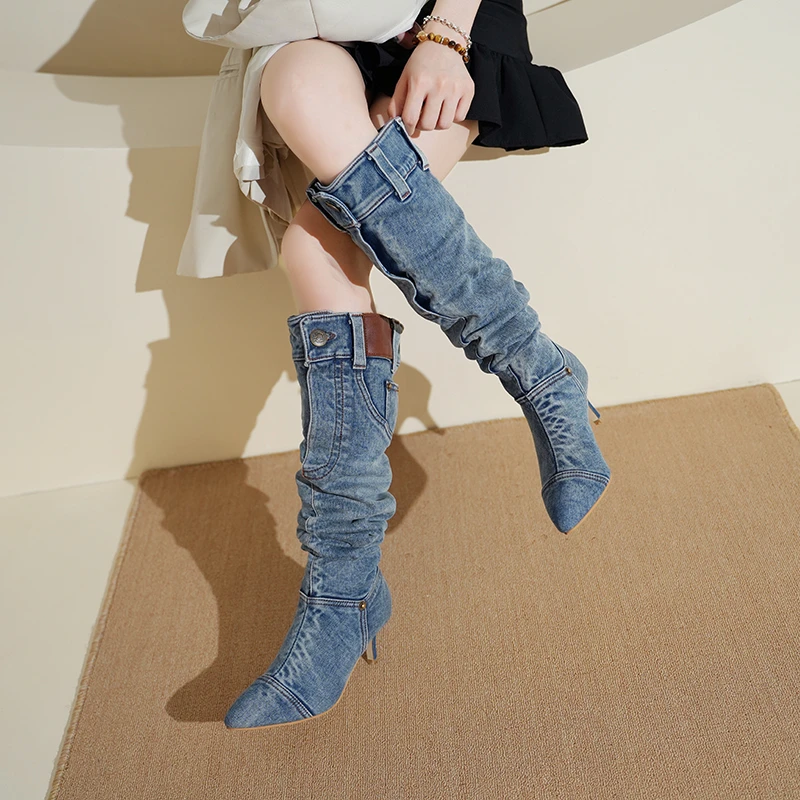 Womens winter new sexy pointed toe design solid color denim high top shoes2024outdoor walking shopping dress women western boots