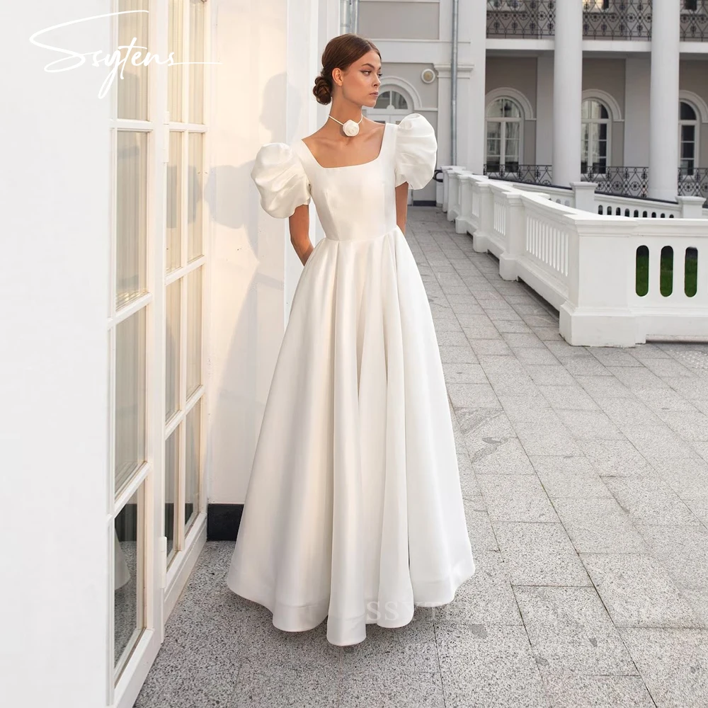

SSYTENS Elegant Square Neck Wedding Dresses Short Puff Sleeves Satin A-line Bridal Gowns Backless Trouwjurk De Mariee Customized