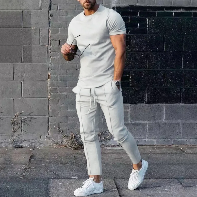 Mens Suit Summer Solid Color Casual Round Neck Short-sleeved Mens T-shirt Trousers Two-piece Set