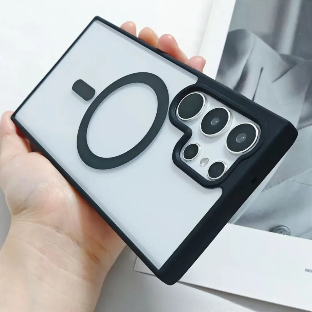 Magnetische kabellose Ladehülle für Samsung S26 S25 S24 Ultra S23 FE 5G S22 Plus, klare, stoßfeste Acryl-Hartschale
