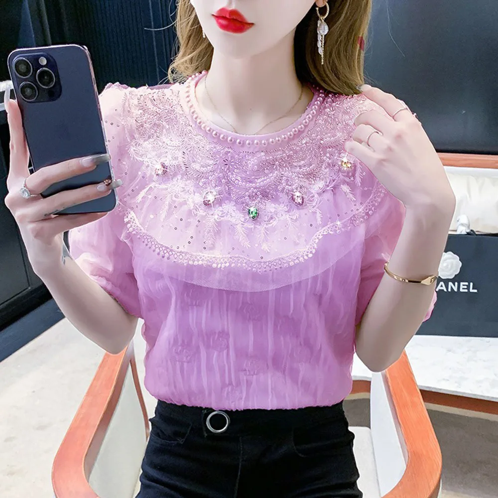 Sequined Shirts 2023 Summer New Blouses For Women Korean Style Beads Rhinestones Lace Straight Tops Female Sweet Chiffon Blusas