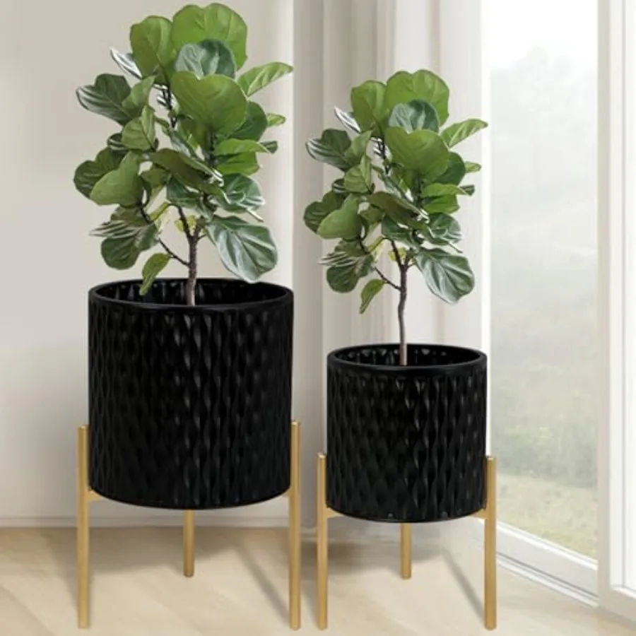

Plants Pots with Stand Set of 2 Planters Unique Mid Century Decorative Metal Flower Pots with Drainage 8.25 and 10.5 Inch